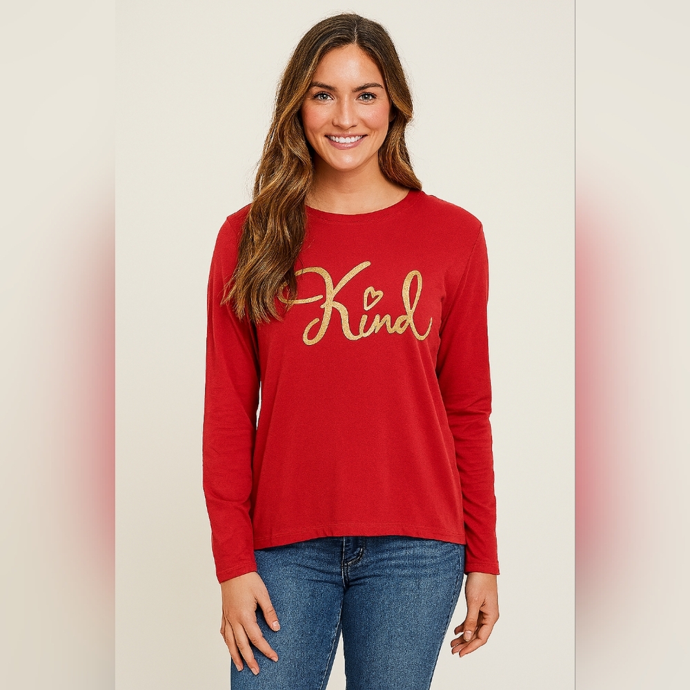 KIKIT Red Long Sleeve Top with Gold “Kind” Graphic – Size Small S